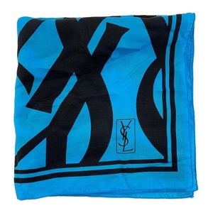 Yves Saint Laurent YSL silk black and blue logo scarf